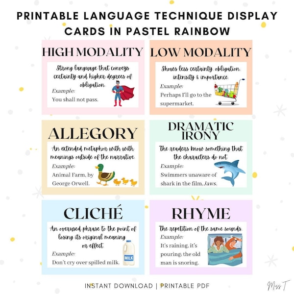 Printable Pastel Rainbow Language Technique and Devices Cards, Instant Download, 48 Cards with Title Page