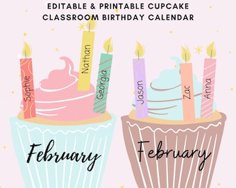 Printable Classroom Cupcake Birthday Calendar, Instant Download Monthly Colourful Chart, Editable for student names