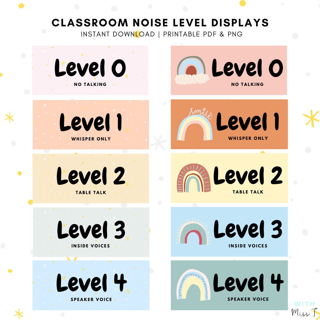 Printable Noise Level Display Signs, Organic Rainbow Classroom Setup