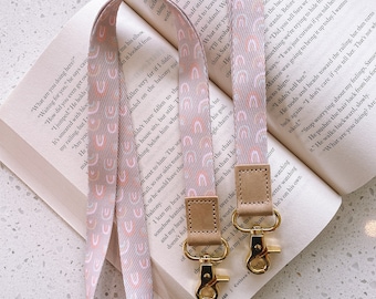 Boho Beige Fabric Lanyard, Teacher Essential & Gift for Classroom ID Holder, USBs and Keys