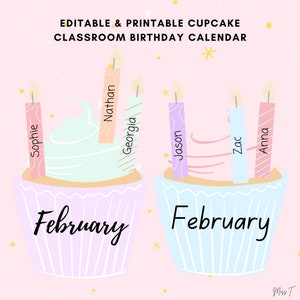 Afdrukbare en bewerkbare pastel regenboog klas cupcake verjaardagskalender, instant download maandelijkse kleurrijke grafiek