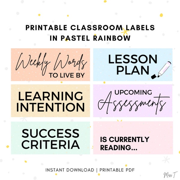 Printable Classroom Labels & Display Signs in Pastel Rainbow