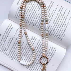 Wooden Boho TEACH Beaded Lanyard, Teacher Essential & Gift for Classroom ID Holder, USBs and Keys