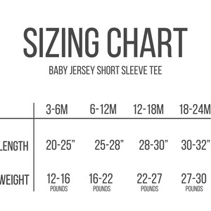 May include: A white sizing chart for a baby jersey short sleeve tee. The chart includes length in inches and weight in pounds for sizes 3-6M, 6-12M, 12-18M, and 18-24M.