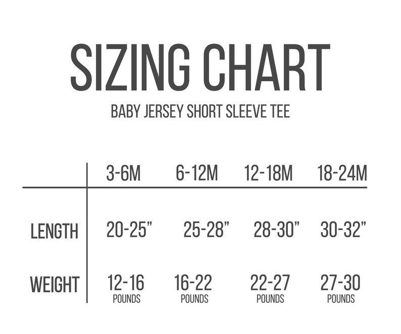 May include: A white sizing chart for a baby jersey short sleeve tee. The chart includes length in inches and weight in pounds for sizes 3-6M, 6-12M, 12-18M, and 18-24M.