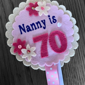 Rosette birthday badge , personalised, name , number