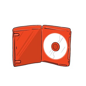 May include: An open red plastic case with a blank white disc inside. The case is designed to hold a CD or DVD.