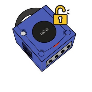 May include: A blue Nintendo GameCube console with a black disc drive and a yellow open padlock icon above it. The console has buttons labeled "Power", "Open", and "Reset".