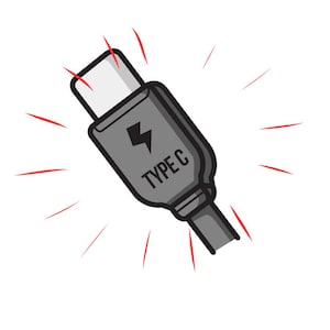 May include: Illustration of a gray Type C charging cable with a lightning bolt symbol and the text "TYPE C". Red lines radiate outwards from the cable, suggesting energy or connection.