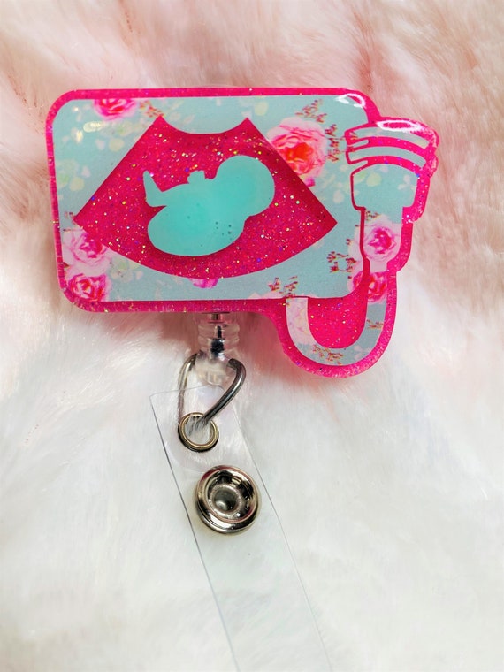 Sonogram/us/baby Neon Pink Glitter and Teal Flower Badge Reel -  Canada