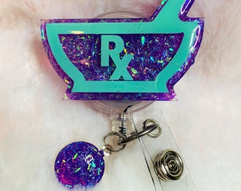 RX / Pharmacie / Pharmacien / Pharmacie Tech / Médecine Violet et Sarcelle Glitter Badge Reel