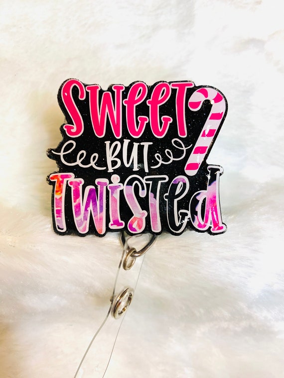 Sweet but Twisted With Candy Cane Christmas Badge Reel Black Glitter With  Hot Pink Multi Colored Vinyl 