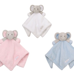 May include: Three plush elephant baby security blankets. One is white, one is pink, and one is blue.