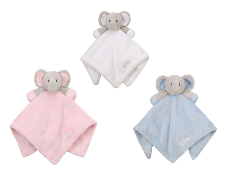 May include: Three plush elephant baby security blankets. One is white, one is pink, and one is blue.