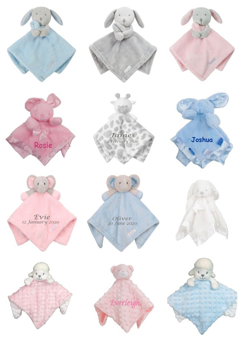 May include: Twelve personalized baby blankets with various animal characters, including a bunny, elephant, giraffe, and bear. Each blanket features a different name and date embroidered on the fabric. The blankets are available in pink, blue, and gray.