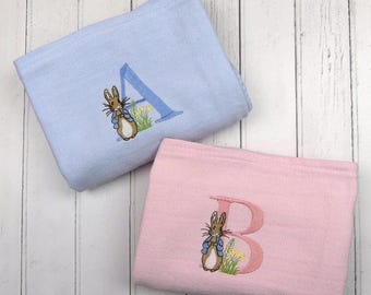 Personalised Rabbit Baby Blanket: Embroidered Cotton Cellular Wrap for Newborns & Shower Gifts
