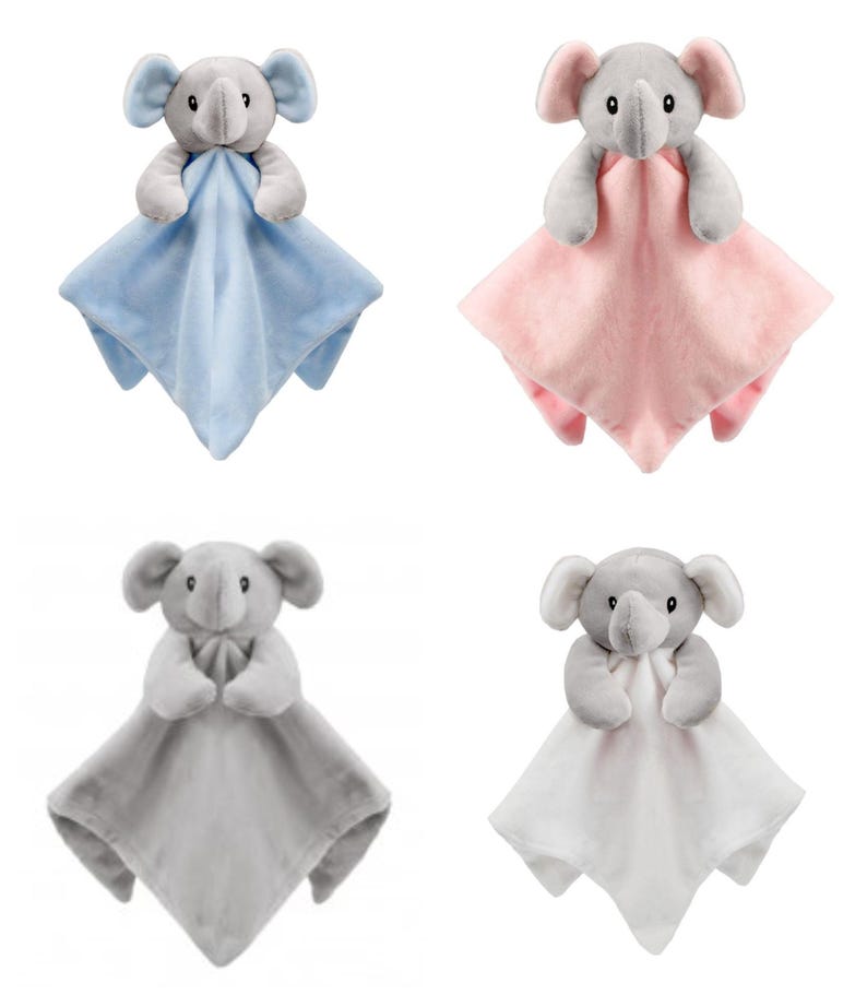 May include: Four plush elephant baby security blankets. The blankets are in blue, pink, gray, and white. Each blanket has a gray elephant attached to it.