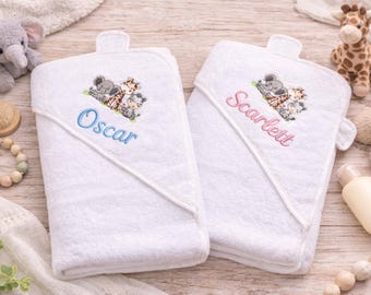 Personalised Hooded Baby Towel with Safari Design: Embroidered Zero Twist Cotton