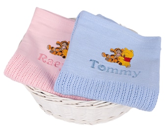 Personalised Baby Cellular Blanket with Baby Winnie and Tigger Pink or Blue