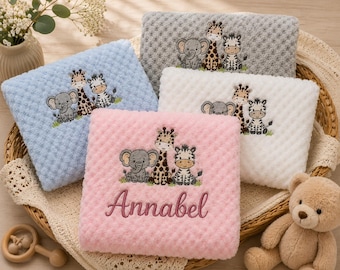 Personalised Safari Baby Blanket – Soft Embroidered Newborn Gift 75cm x 100cm