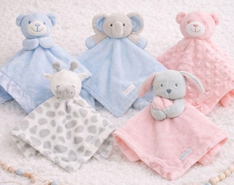 Personalised Baby Comforter: Embroidered Animal Lovey, Soft Plush Toy