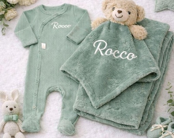Personalised Layette Starter Set | Cosy  Essentials in Soft Sage Tones Baby Gift