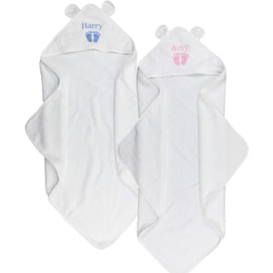 May include: Two white hooded baby towels with bear ears. One towel has the name "Harry" embroidered in blue with blue footprints, the other has "Amy" in pink with pink footprints. The towels are folded.