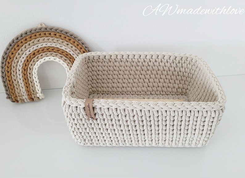 crochet basket crocheted basket wooden floor storage basket utensil basket decoration crochet handmade gift knitting