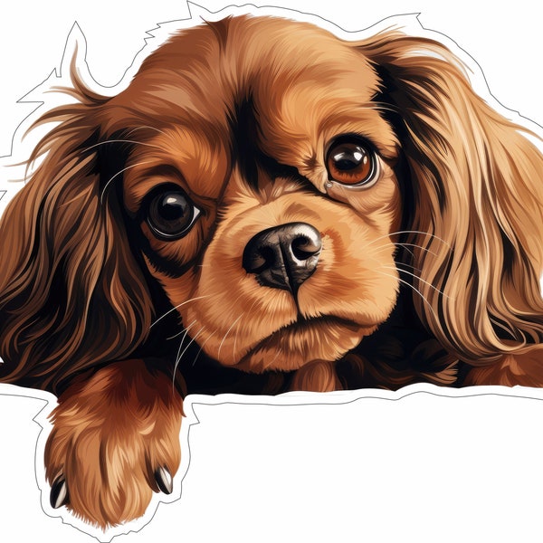 English Toy Spaniel - Peeking Dog - Vinyl Sticker Decal - Full Color Cad Cut Dog breed