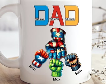 Personalized Dad Mug, Super Dad Custom Superhero Fist Bumps, Father's Day Mug with kids names, Gift for Dad, Gift for Grandpa, Gift for Men