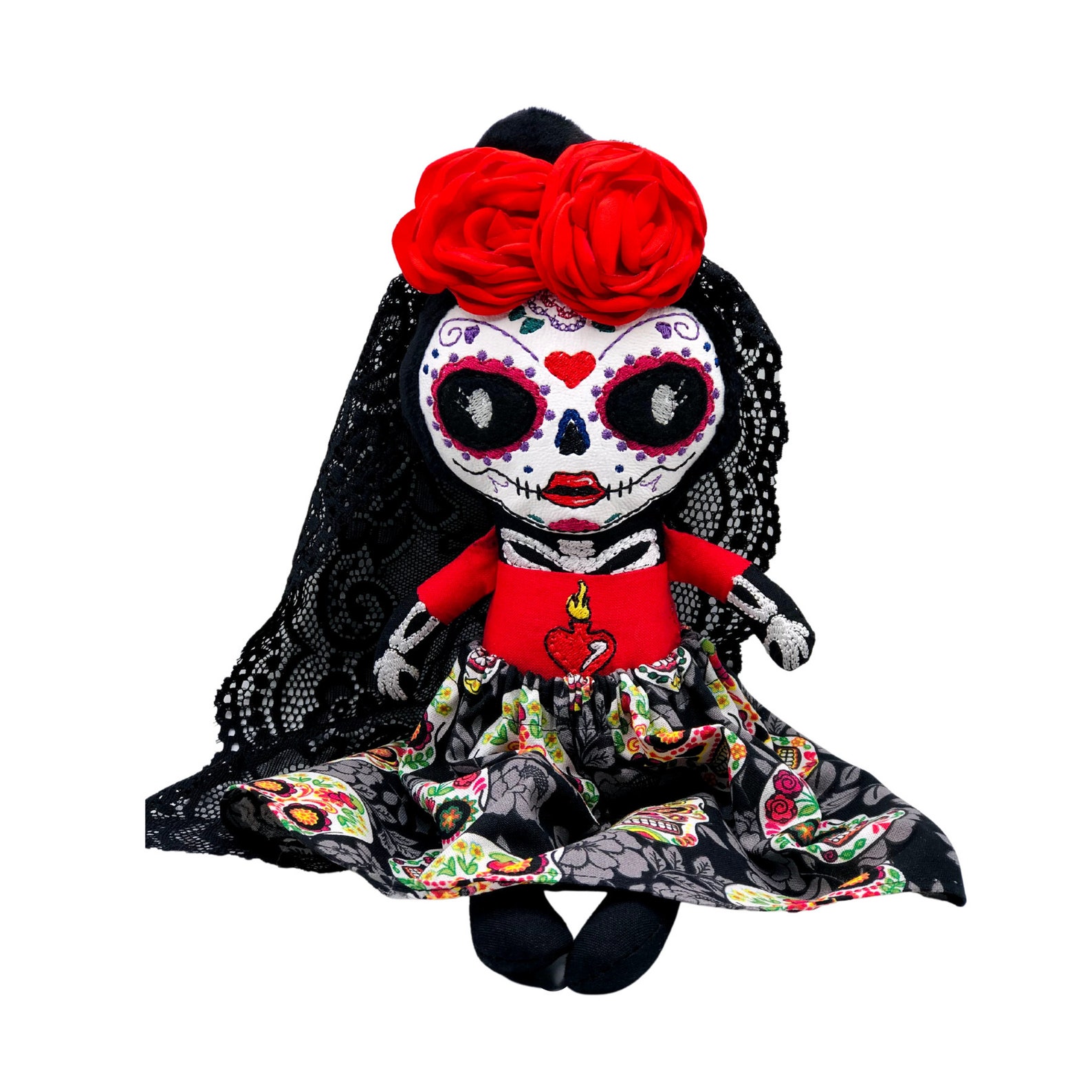 Day of Dead Sugar Skull Handmade Soft Doll Catrina, Embroidered dolls, handmade dolls, dia de los muertos gift, calavera doll gift for women