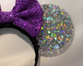 Minnie Mouse ears with Silver holographic Mickey shape glitter resin