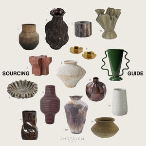 May include: A collection of decorative vases in various shapes, sizes, and textures. The vases range in color from brown and beige to green and purple. The image includes the text "SOURCING GUIDE" in black capital letters.