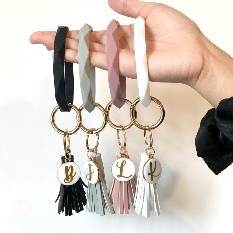 Rhombus Personalized Wristlet Keychain | Tassel Key Chain | Key Ring Bangle | Non-Peeling Initial| with New Saffiano Leather Tassels image 1