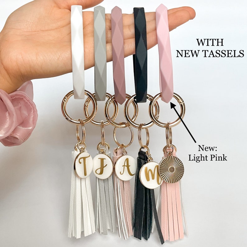 Rhombus Personalized Wristlet Keychain | Tassel Key Chain | Key Ring Bangle | Non-Peeling Initial| with New Saffiano Leather Tassels image 2