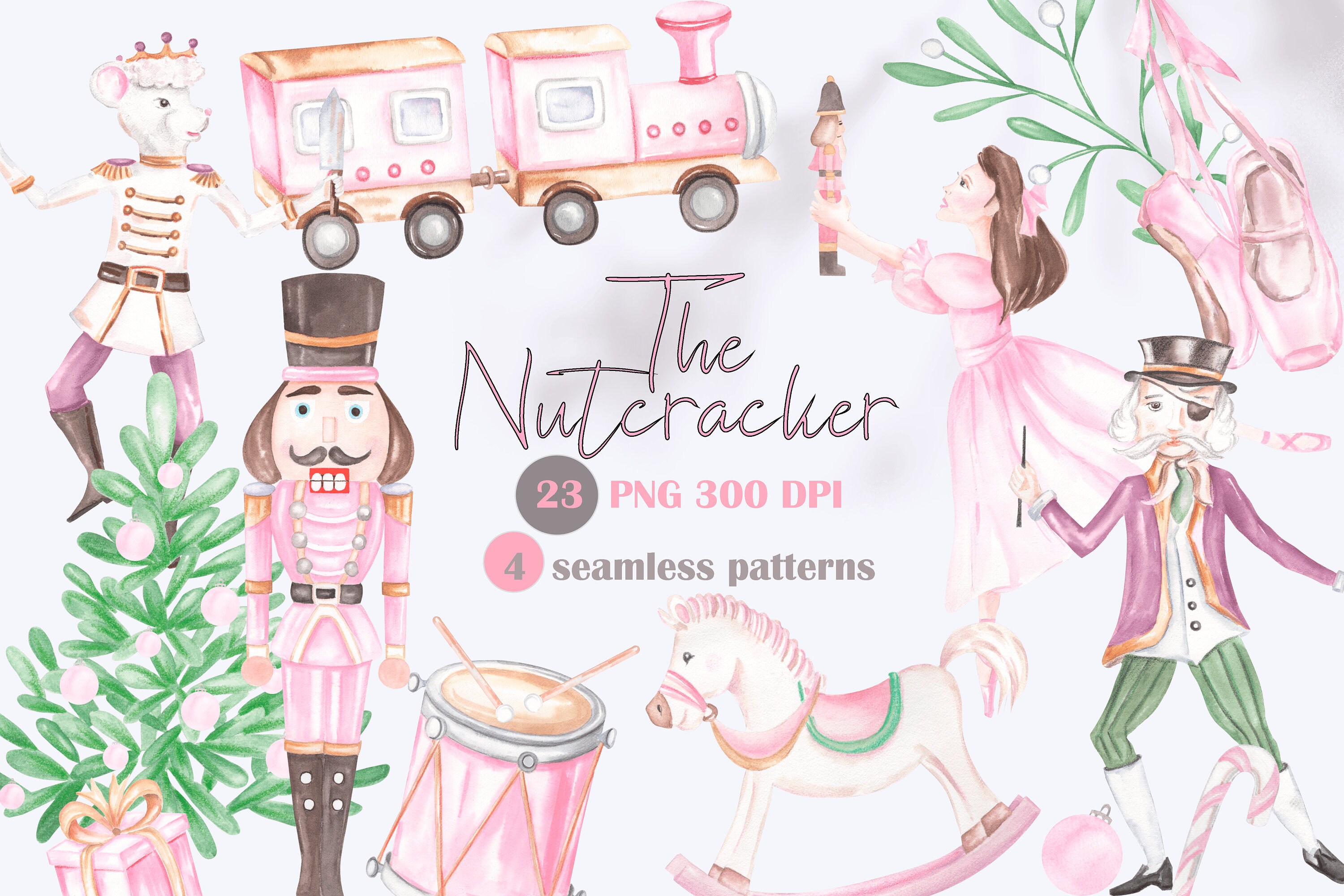 Nutcracker Watercolor Clipart. Pink Christmas Clipart. Ballerina