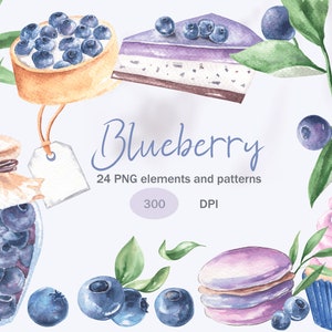 Blueberry watercolor clipart. Blueberries watercolor elements. Blueberry desserts watercolor. Blueberry seamless patterns. Blueberry drawing