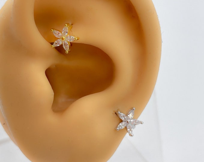 Piercing #104 925 silver gold plated rooster rook helix earrings silver mini hoop tiny cartilage flower