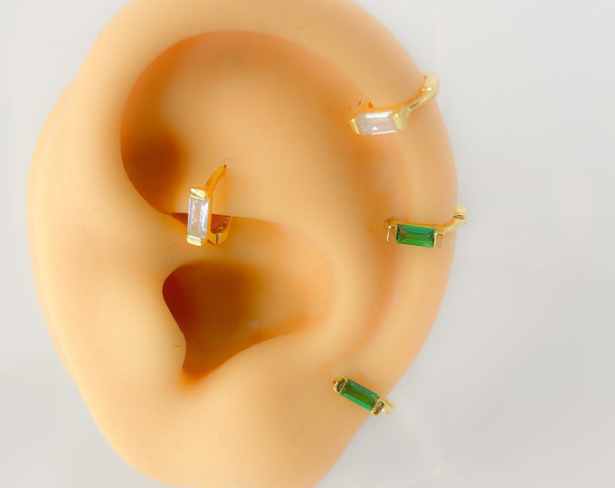 Mini Piercing #110 creole tiny small hoop rhinestone 925 silver gold plated hoop round baguette green white helix rook