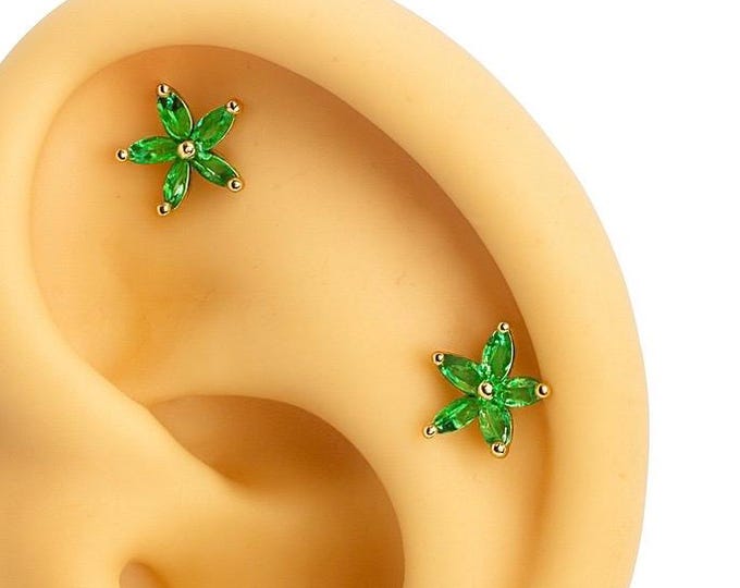 Piercing No. 133 Helix 925 Silver Gold Plated Flower Green