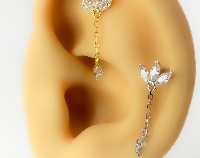 Helix piercing #98 lotus flower 925 silver gold-plated chain with rhinestones