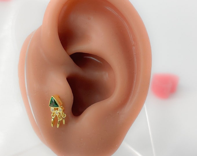Helix tragus #121 Piercing 925 Silver Gold Plated Green Cubic Zirconia Mini Tiny Small Earrings Jewelry