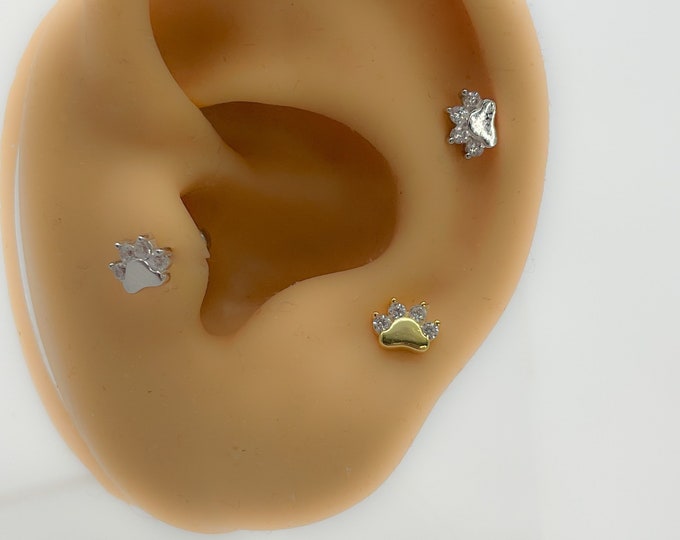 Piercing #235 Helix Tragus s925 Silver Gold Plated Cartilage Tiny Cat Gate Paw Mini