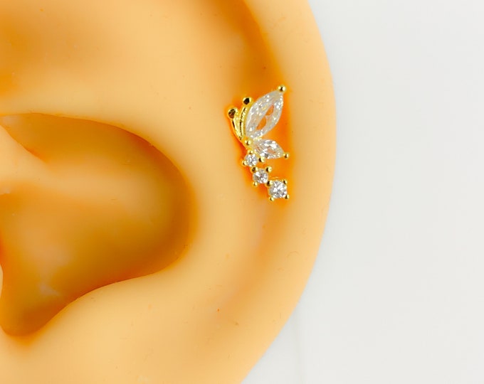 Flat back Piercing #271 925 silver gold plated tragus helix conch gold butterfly dragonfly