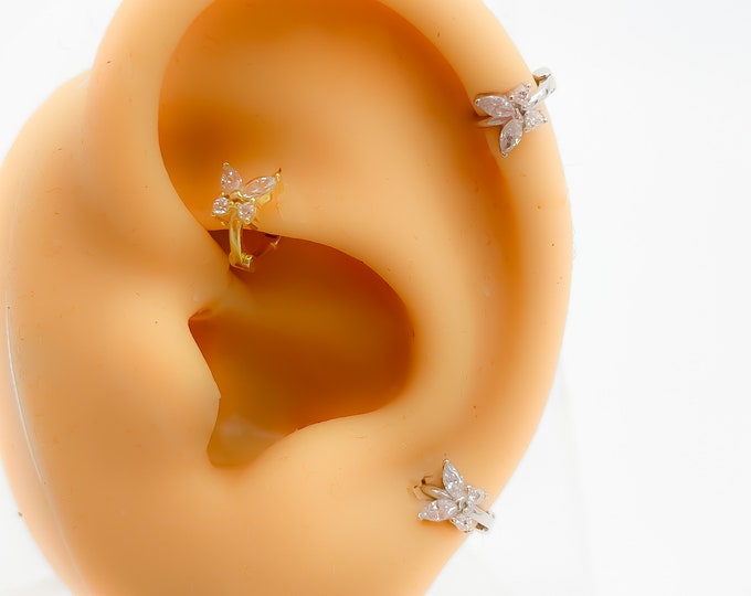 Mini piercing #316 rhinestone 925 silver or gold plated tiny hoop cartilage butterfly
