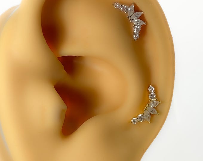 Piercing #253 925 silver gold plated cartilage helix rhinestone bow