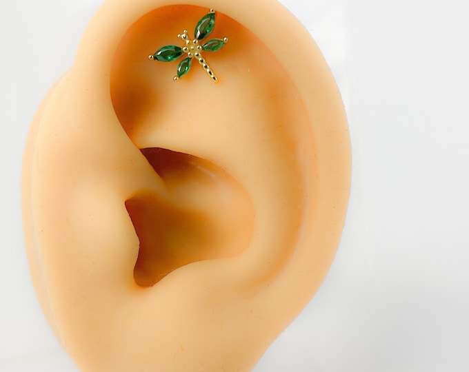 Helix Dragonfly #128 cubic zircon green 925 silver gold plated earring animal piercing