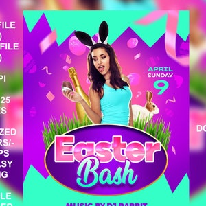 May include: A purple and turquoise flyer featuring a woman wearing bunny ears and holding a bottle of champagne. The flyer advertises an Easter Bash with music by DJ Rabbit, opening at 9pm with a £5 entry fee. The flyer also includes the text "@CLUBNAME" and "123 YOUR STREET NAME, CITY STATE".