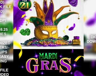 Mardi Gras V3 Flyer - 4x6 - RGB & CMYK - Adobe Photoshop PSD Editable Flyer Template