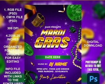 Mardi Gras V4 Flyer - 4x6 - RGB & CMYK - Adobe Photoshop PSD Editable Flyer Template